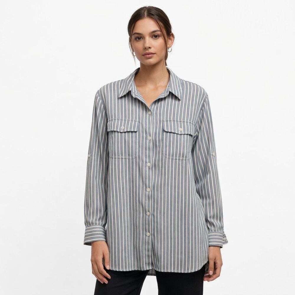 Max Studio Tunic Shirt Womens Large Blue Striped Button Front Pockets Top